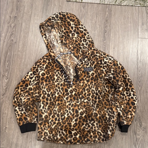 PINK Victoria's Secret Tops - PINK Leopard Fuzzy Half-Zip Hoodie in Brown/Black/Cream